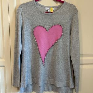 Magaschoni Women’s Pink Heart Gray Sweater with Rhinestones
